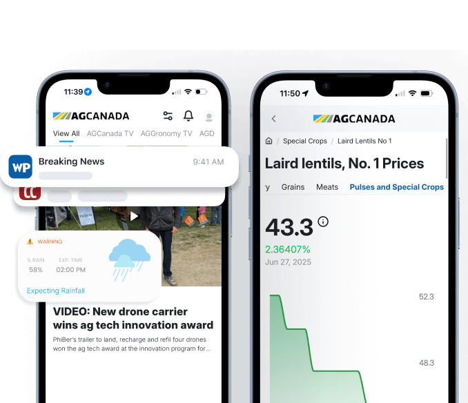 Phone mockup showing the AgCanada app displaying video page and special crops prices