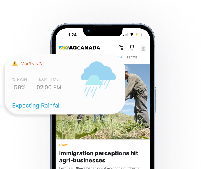 Phone mockup showing the AgCanada app displaying weather